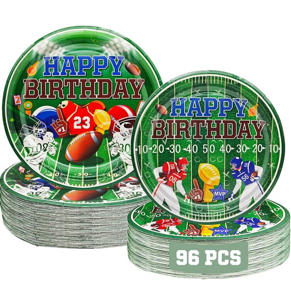 Yavxzvbw 96Pcs Football Party Plates - Green, Modern, Geometric Cartoon Design - Disposable, Not Reusable - Dinner Plates for Football Party Supplies