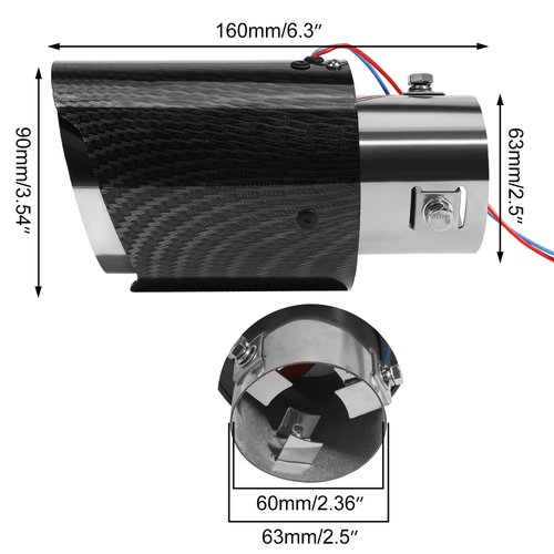 Vechkom 2.5 inch Inlet Carbon Fiber Exhaust Tip with Blue LED Light Stainles Steel Muffler Tip Modification Luminous Tube