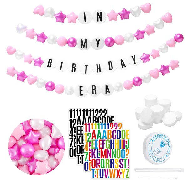 Heopeis DIY Giant Friendship Bracelet Birthday Banner with 100 Balls in My Birthday Era Banner Famous Singer Customizable Banner Garland Decor Foam Circles Ball Plastic Balls Stars DIY Supplies(Pink)