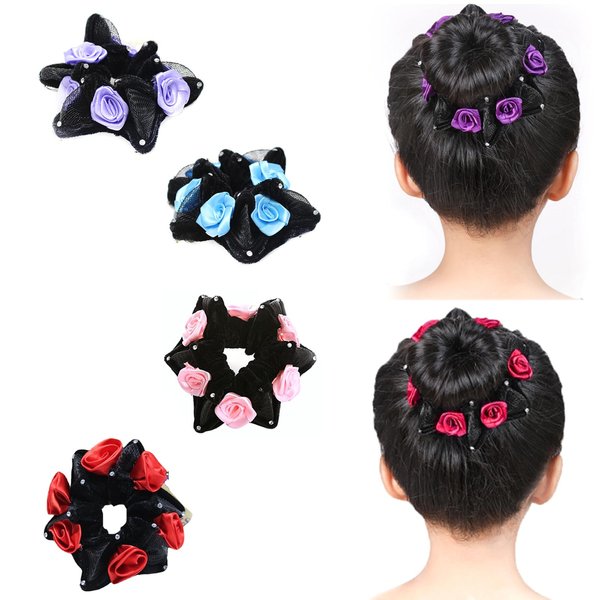 AsggBah 4pcs Colored Hexagonal Hair Bows Hair Scrunchies for Girls Strong Elastic Hair Ties with Flowers Deco for Dancers Skating (Red+Blue+Purple+Pink)