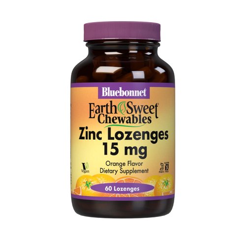Bluebonnet Nutrition Earthsweet Zinc Lozenges 15mg Chewables, Plus 100mg of Vitamin C, Soy-Free, Gluten-Free, Kosher Certified, Dairy-Free, Vegan, Orange Flavored, 60 Lozenges