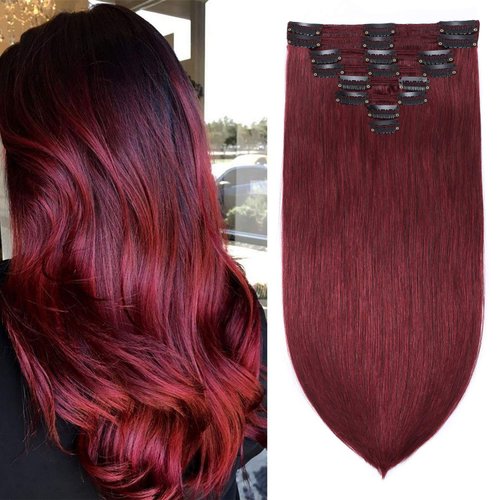 S-noilite Clip in Hair Extensions Real Human Hair 22 Inch Burgundy Hair Extensions Remy Human Hair Clip In For Women Double Weft 8PCS Clip on Extension 160g #99J Wine Red