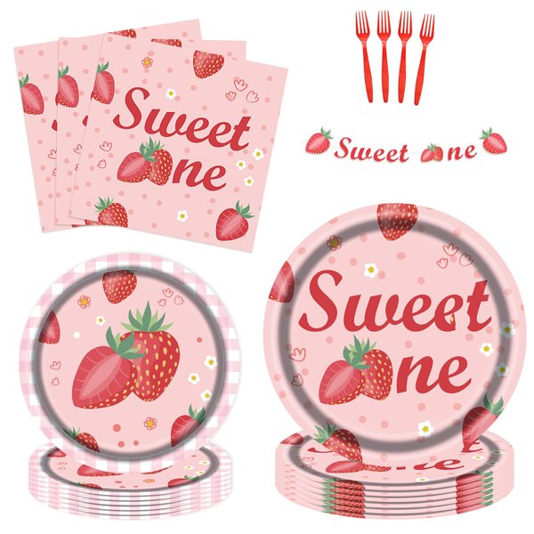 Strawberry Theme Party Kit for 24 Guests - 97 Pcs Including Plates, Forks, Napkins, Bunting - Juicy Fun for Kids' Strawberry-Themed Birthdays