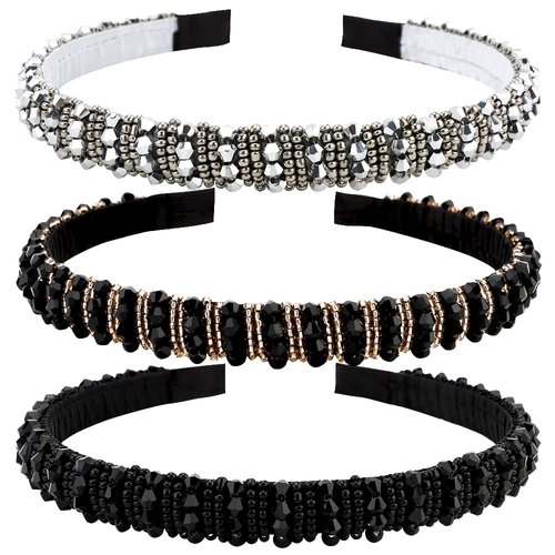 ANBALA Beaded Headbands for Women Girls Crystal Dressy Headbands Rhinestone Headband for Women Diamond Thin Headbands for Girls Hair Bling Sparkly Headband for Women (Black Silver Gold)