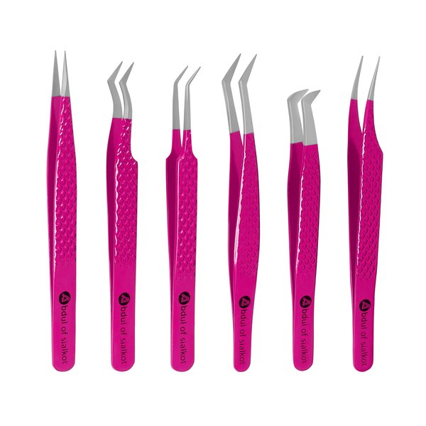 Abdul of Silakot Eyelash Extension Tweezers Set 6 Piece For Volume Lash Extensions Stainless Steel Eyelash Tweezers for Lash Extensions Isolation & Classic Lashes Tweezers Set (6 Piece Set Pink)