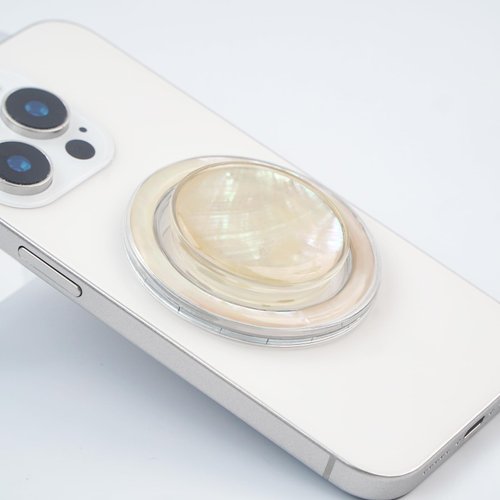 Cute Natural Abalone Shell Round Design Foldable Phone Handle, Phone Accessory for Smartphones or Tablets (Magnetic, White Abalone Shell)