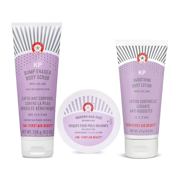 First Aid Beauty Smooth Operators Trio – 3 Exfoliating Favorites – KP Bump Eraser Body Scrub with10% AHA, 8 oz, KP Smoothing Body Lotion, 6 oz, & Ingrown Hair Pads, 28 Count