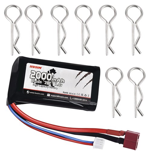 Hosim 1pcs 2S 7.4V 2000mAh 20C TPlug Female Connector Rechargeable Battery and 8pcs Car Shell Buckles, Safe & Fast Charging, Best for 9155 9156 Jumper T16 RC Cars Evader BX Airplane UAV Drone FPV