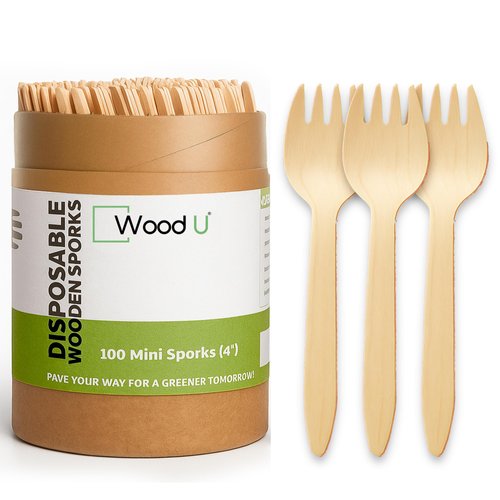 Mini wooden spork disposable Perfect for Dessert, Appetizers, Cocktails, Eco-Friendly spork wood for sample & tasting, Biodegradable & compostable | 100% All-Natural - Pack of 100-4” by WoodU