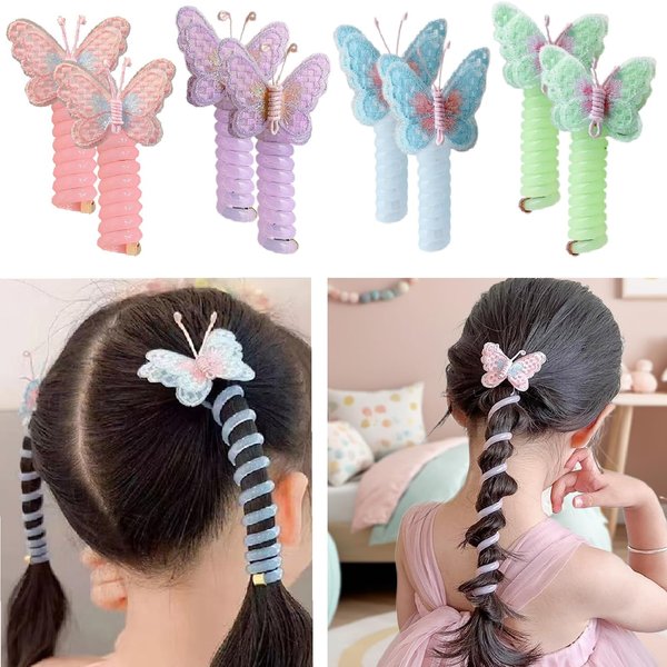 FULYA 8Pcs Butterfly Telephone Wire Hair Bands for Girls - Colorful Telephone Line Hair Bands,Spiral Hair Ties,Colorful Ponytail Holders,Elastic Hair Ties for Girl Granddaughter Niece (Butterfly)