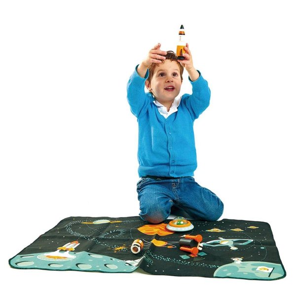 Tender Leaf Toys - Space Adventure - 7 Pieces Wooden Rocket and Outer Space Themed Playmat Set - Develop Imaginative Role Play and Science Interest for Children 3+
