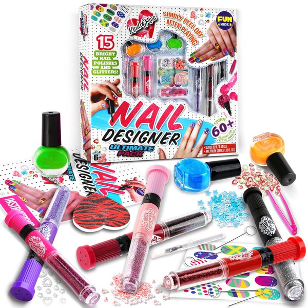 Nail Polish Pens Kit for Girls Ages 7-12, FunKidz Nail Pen Combo Kit Teen Gift Peelable Nail Art Studio Set with Cool Girly Decoration Stuff Pearl Beads, Glitter, Nail Stickers, Nail File, Gems