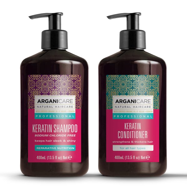 Arganicare Keratin Shampoo and Conditioner Set for Hair Thickening and Strengthening - Moisturizing Hair Treatment Enriched with Organic Argan Oil and Shea Moisture for Men, Women, and Kids | 27 Fl Oz
