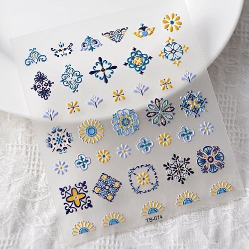Bohemia Nail Art Stickers 5D Embossed Bohemian Style Nail Stickers Spring Flower Nail Decals Blue Yellow Abstract Pattern Design Cute Self Adhesive Nail Art Decoration Accessories for Women Girls 1PC