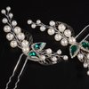Teyglen 2pcs Pearl Bride Wedding Hair Pins Silver Leaf Crystal Hair Pins Clips Bridal Green Teardrop Rhinestone Hair Piece Wedding Hair Accessories for Women Girls
