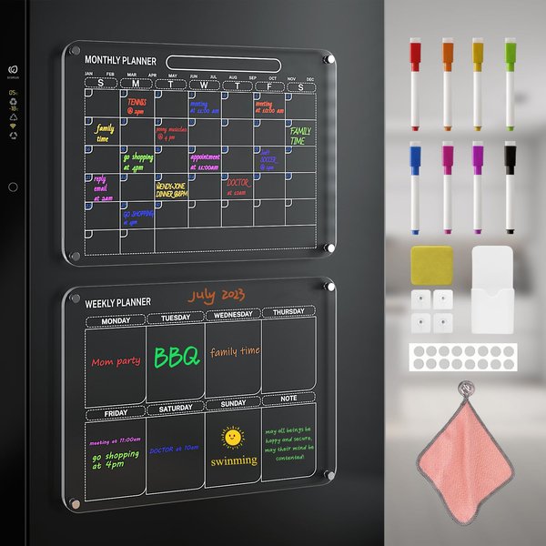 2 Pack Acrylic Magnetic Calendar for Fridge, 12"x16" Clear Dry Erase Board Reusable Planning Set, Includes 8 Colorful Markers ,Magnetic Pen Holder