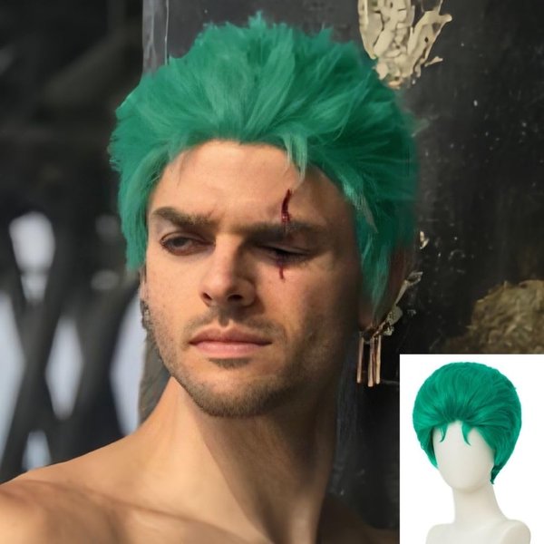 Amnenl Green Short Anime Wig for Men Straight Fluffy Layer Wig Synthetic Heat Resistant Cosplay Costume Hair Wig for Male