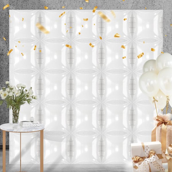 25PCS White Square Foil Balloons Wall Backdrop, Reusable DIY Mylar Double Side Balloons Garland Tunnel Arch Kit for Anniversary Bachelorette Game Engagement Wedding Party Decor