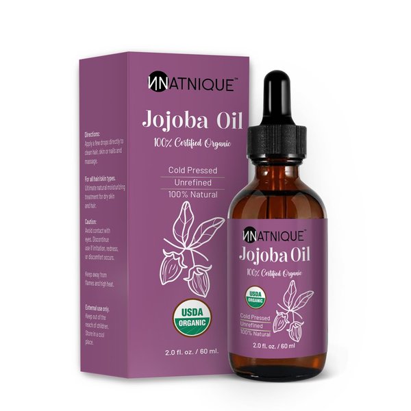Natnique Jojoba Oil (2oz), USDA Certified Organic, 100% Pure for Hair Growth, Face & Skin. 100% Natural Hair Oil Moisturize Nails, Ear, Scalps, Cuticles. Facial Oil for Gua Sha Massage.