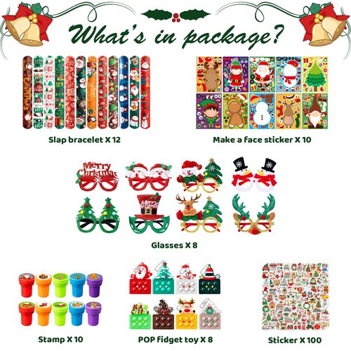 DMIGHT 148 Pcs Christmas Party Favors, Glitter Glasses, Pop Fidget Toys Keychain, Make a Face Sticker, Assorted Stamps Self-Ink Stamper, Slap Bracelet, Christmas Sticker, Christmas Toy Gift for Kid