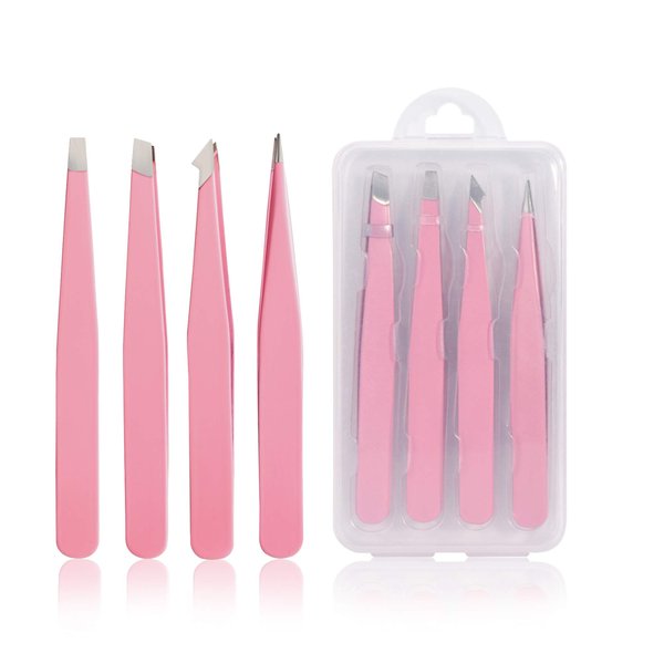 Tirdkid Tweezers Set 4-piece, Professional Stainless Steel Tweezers, Precision Tweezers for Eyebrows, Facial Hair, Ingrown Hair, Splinter, Blackhead and Tick Remover (PINK)