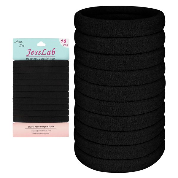JessLab Nylon Hair Ties Set, Durable Elastic Bands for Women, Gentle and No-Slip Grip, Ideal for All Hair Types, Pack of 10, Black