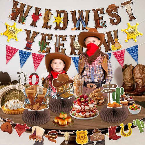 Western Party Decorations, Cowboy Birthday Party Decorations Includes Wild West Banner Yee Haw Banner Western Centerpiece for Table, Western Themed Cowboy Birthday Party Supplies