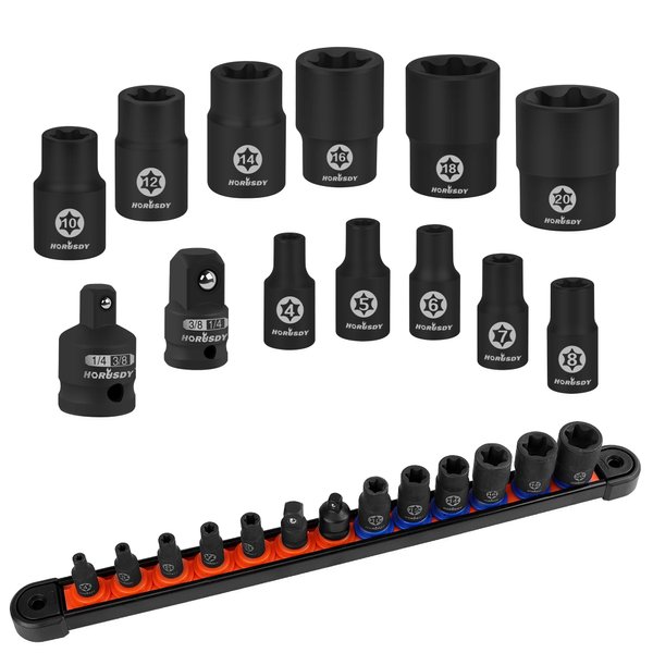 HORUSDY 13-Piece Female External Socket Set | Female E-Torx Sockets (E4-E20) | 2 Impact Socket Adapter Set