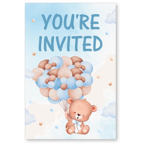 Soiceu Blue Bear Boy First Birthday Invitations with Envelopes Set of 20 Watercolors Bear Balloon 1st Birthday Party Invites Fill in Blank