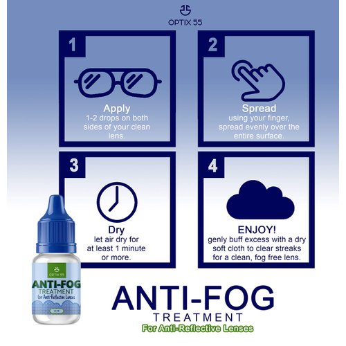 Optix 55 Anti Fog Treatment for Anti-Reflective Lenses (1 Pack) | Anti Fog for Goggles, Glasses, Snorkel Mask, Ski Masks | Superior Defogger for AR Glasses | Antifog Prevents Lens Fog for Days