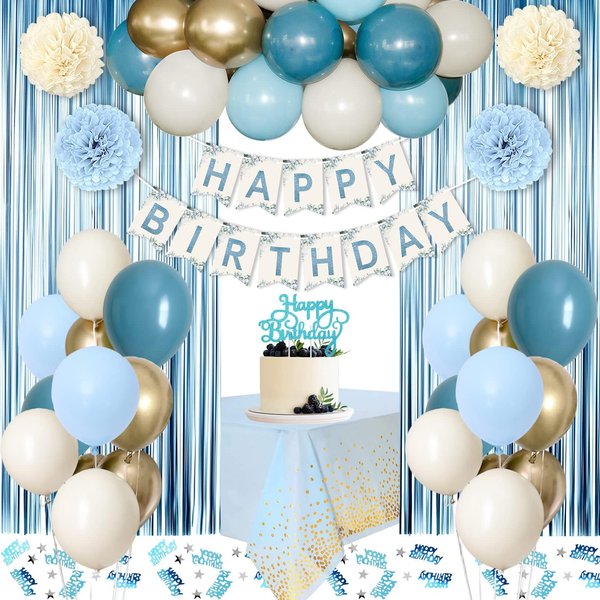Blue Birthday Decorations, Dusty Blue White Sand Gold Balloons Happy Birthday Banner Tablecloth Paper Pom Poms Foil Fringe Curtain for Kids Men Women Boys Girls Birthday Light Blue Party Decorations