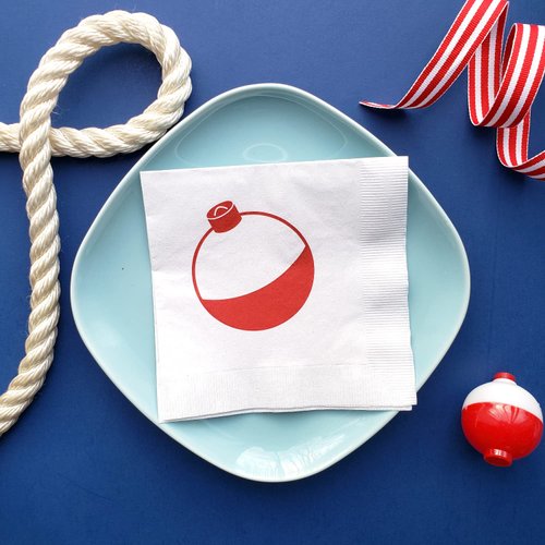 Fishing Party Bobber Cocktail Beverage Napkins (20 pcs) by Nerdy Words (Red & White)