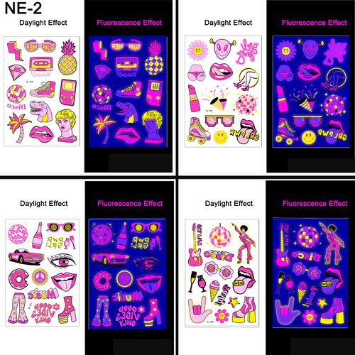 Jastli 4 Sheets Glow in The Dark Temporary Tattoos for Kids Adults Waterproof Neon UV Blacklight Body Face Flash Fake Tattoo Stickers Rave Party Supplies (Multicolor-2)
