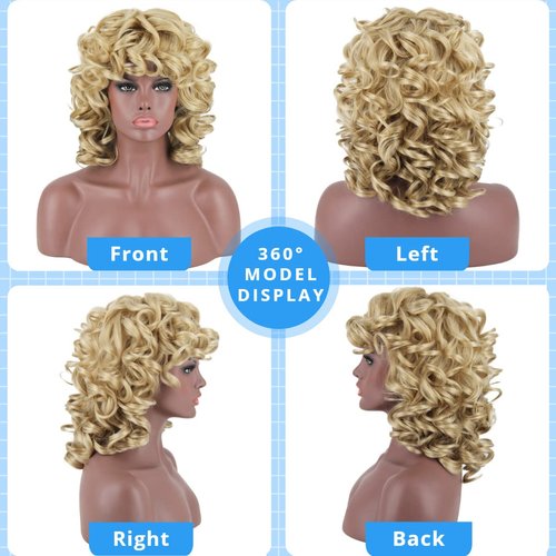 KEAT Curly Wigs for Black Women Short Big Curly Kinky Wigs for Women Afro Wavy Mixed Blonde Wig with Bangs Cute Natural Synthetic Wigs for African American Women K016BD