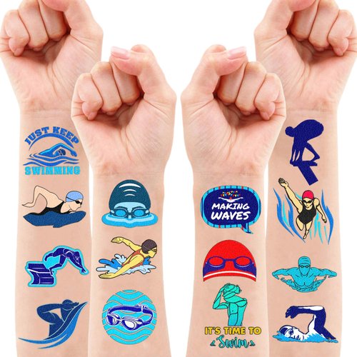 112 PCS Swimming Temporary Tattoos Birthday Party Decorations Supplies Favors Swim Team Pool Waves Summer Beach Themed Decor Stickers For Boys Girls Gift School Prizes Rewards