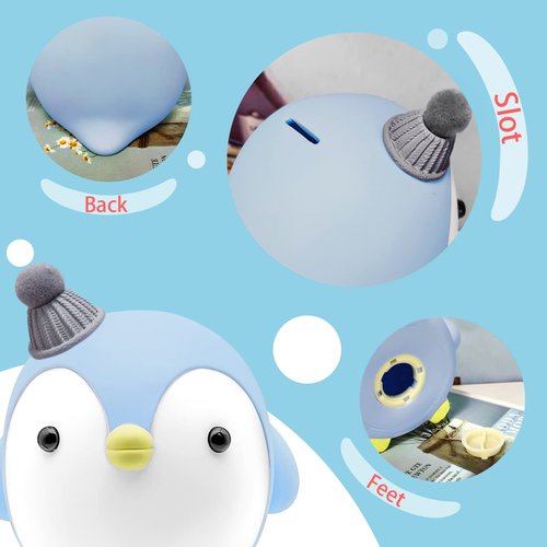 Kids Piggy Bank, SAYTAY Cute Cartoon Penguin Anti-Fall Coin Bank, for Children Adult Gift Or As Home Decoration (Blue)