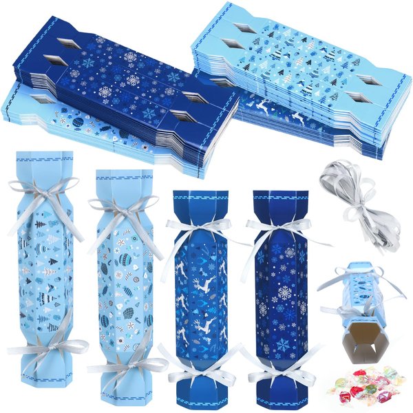 Moinchore 60 Pcs Christmas Crackers Kit DIY Xmas Party Cracker Empty Bulk for Candy Treat Gift Boxes Snowflake Tree Reindeer Candy Christmas No Snap Table Favors Holiday Dinner Decor (Blue and White)