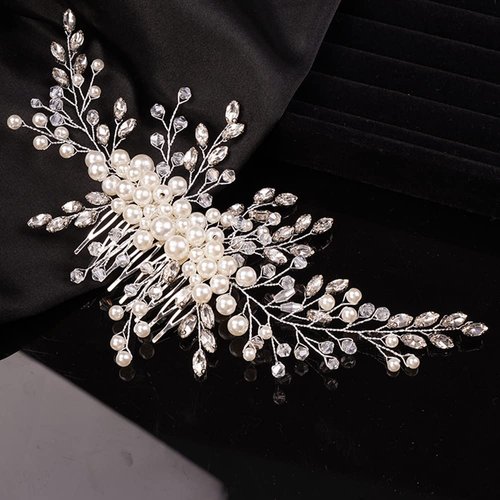 Teyglen Bridal Crystal Hair Comb Crystal Pearl Hair Pieces Bride Wedding Side Hair Comb Handmade Rhinestone Pearl Beads Headpieces Luxurious Hair Accessories for Brides Women Girls (Silver)