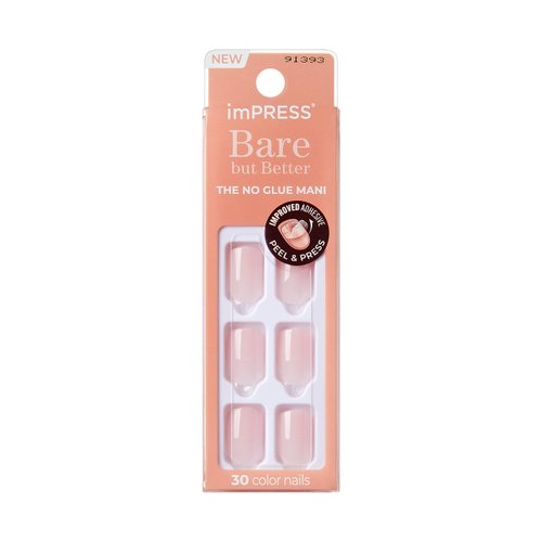 KISS imPRESS No Glue Mani Press-On Nails, Color, Instinct', Light Pink, Short Size, Squoval Shape, Includes 30 Nails, Prep Pad, Instructions Sheet, 1 Manicure Stick, 1 Mini File