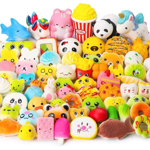 WATINC Random 70Pcs Squeeze Toys, Birthday Gifts for Kids Party Favors, Slow Rising Simulation Bread Squeeze Stress Relief Toys Goodie Bags Egg Filler, Keychain Phone Straps, 1 Jumbo Squeeze Include