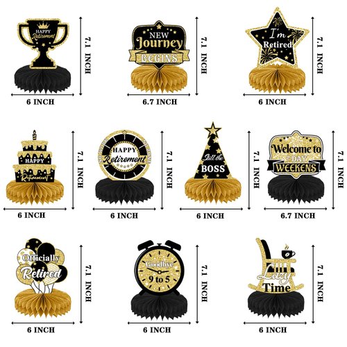 10PCS Retirement Party Decorations，Retirement Honeycomb Centerpieces Gold and Black Retirement Table Decorations for Happy Retirement Party Supplies Man and Women