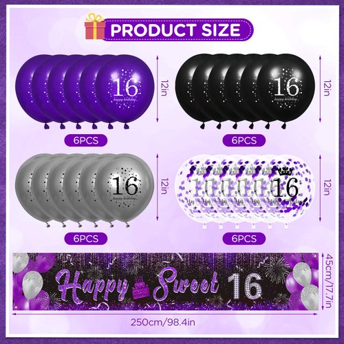 Purple 16th Birthday Decorations for Girls Black Purple Silver Happy Sweet 16 Birthday Yard Banner and 24pcs 70th Birthday Balloons for 16th Birthday Anniversary Party Supplies Indoor Outdoor Decor