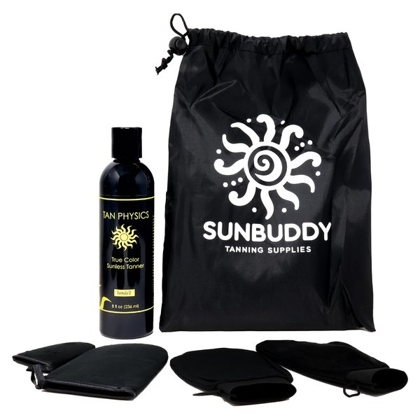 Tan Physics Self Tanner & Sunbuddy Deluxe Bundle (6pcs)–Face & Body Tanner Mitts, Exfoliation Glove, Application Mitt, Storage Bag & 8oz True Color Sunless Tanning Lotion-self tanning mitt applicator