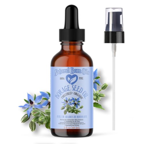 Natural Born Oils Borage Seed Oil, 2oz, Organic, Carrier Oil, Cold-Pressed, High in Gamma-Linolenic Acid, Ideal for Skin Hydration, Hair Nourishment