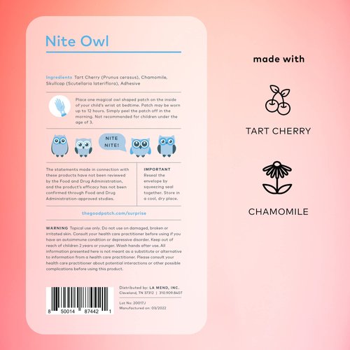 The Good Patch Nite Owl Patch is Perfect for Children’s Bedtime with 3 Natural Ingredients: Tart Cherry, Chamomile, and Skullcap. Plant Based (36 Total Patches)