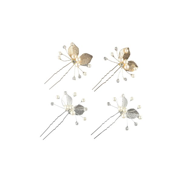 4Pcs Gold Silver Color Leaf Hair Pins Rhinestone Pearl Hair Comb Leaf U Shape Hair Fork Hair Accessory for Women Girls