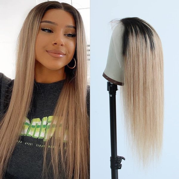 Aprilhair Pre-plucked Ombre #1B/27 Dark Root Honey Blonde Ear To Ear Lace Front Wigs Straight Glueless 150% Density Brazilian Virgin Human Hair With Baby Hair Full (12" inch, Lace Front Wig Straight)