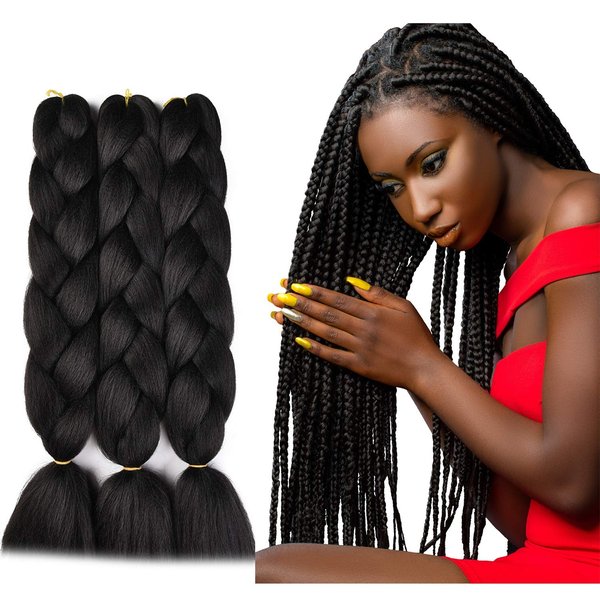 SuCoo Kanekalon Jumbo Braiding Hair Extensions High Temperature Fiber Crochet Twist Braids With Small Free Gifts 24inch 3pcs/lot(Black)