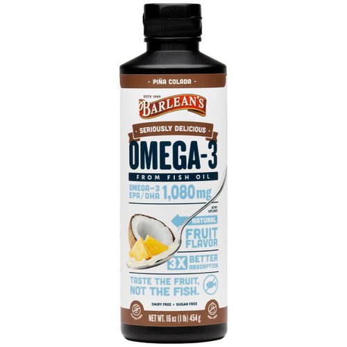 Barlean's Pina Colada Omega 3 Fish Oil Liquid Supplement 1080mg of High Potency EPA & DHA Omegas, Smoothie Flavored & Burpless Omega 3 for Kids and Adults, 16 oz