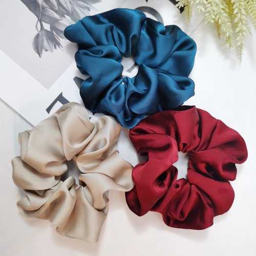 Silk Feeling Scrunchies Hair Accessories Hair Ties Elastic Satin Hair Band for Breakage Prevention (3PC Satin Wine+Peacock Blue+Beige)